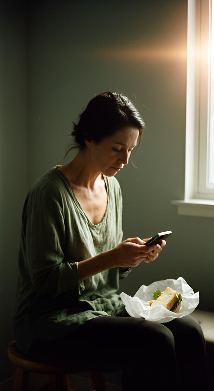 The therapist on her lunch break, sandwich beside her, typing on her phone.
